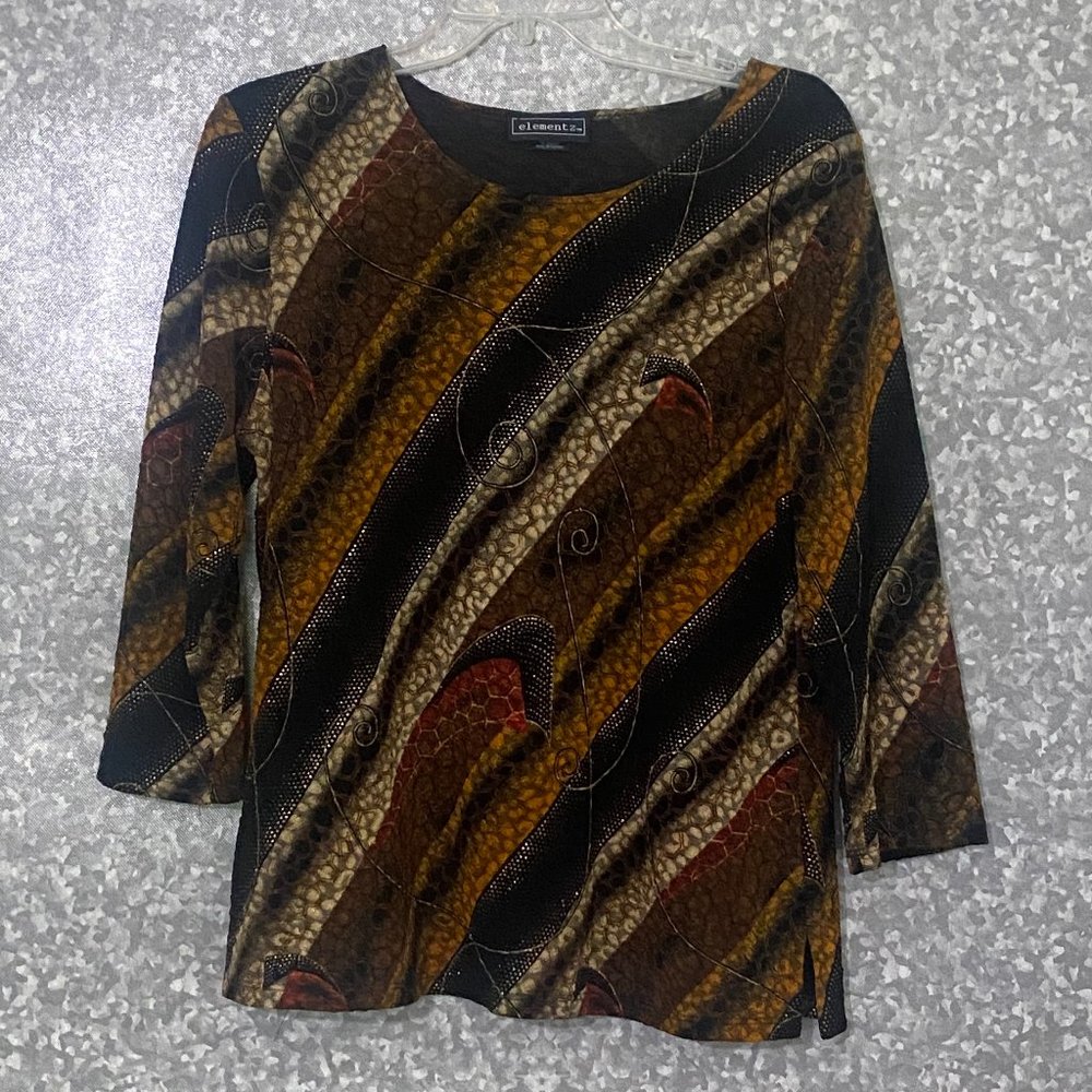 Elementz Earth Tone Colors Women Large Pullover Top 3/4 Sleeve Brown Beige Black